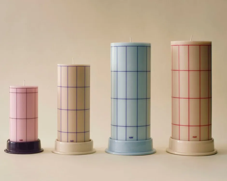 Lys & Lysestager<Hay Column Candle-Large-Light blue with blue grid check