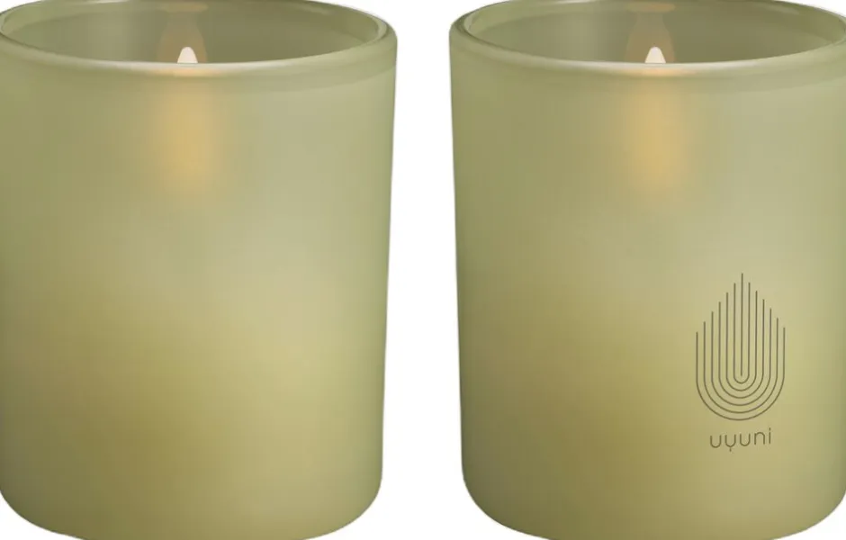 Lys & Lysestager<Uyuni Glass Candle, Light green leaf, 2-pack, 6x7 cm