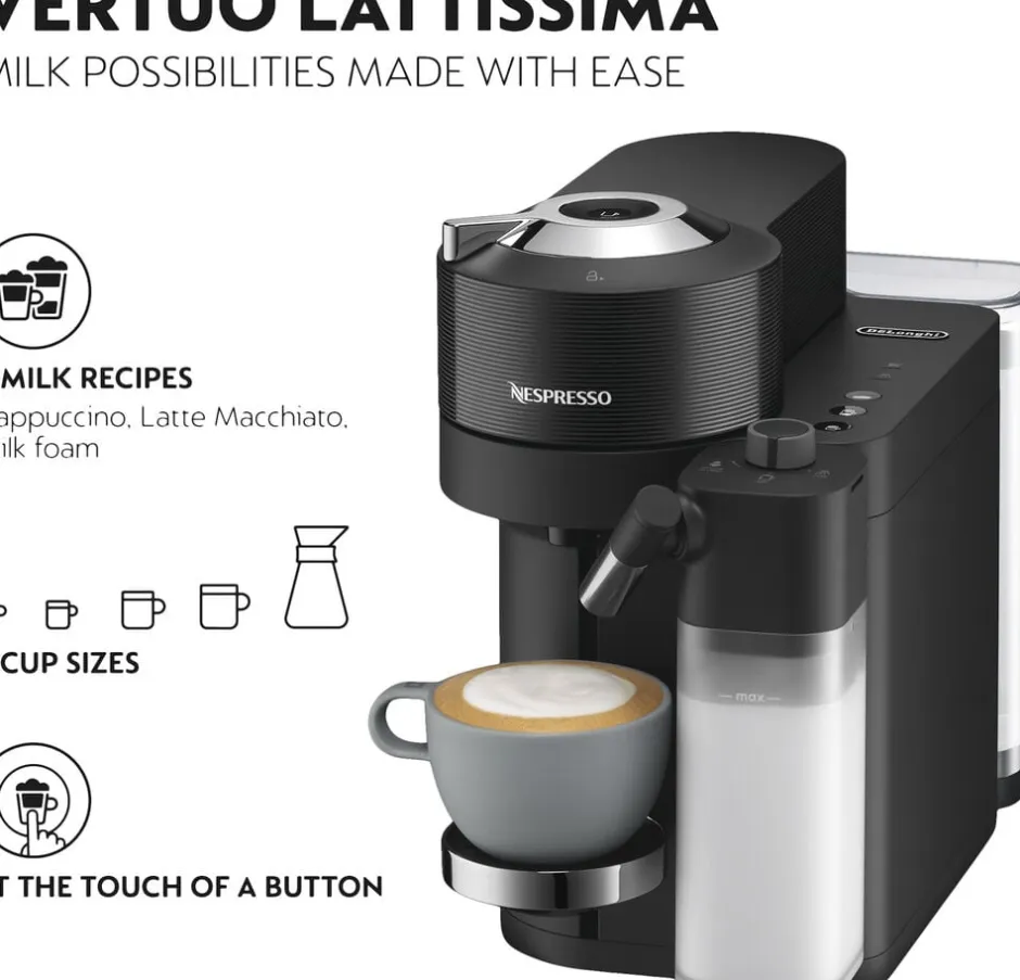 Kaffe & Te<Nespresso Vertuo Lattissima Coffee Machine Delonghi, Matt